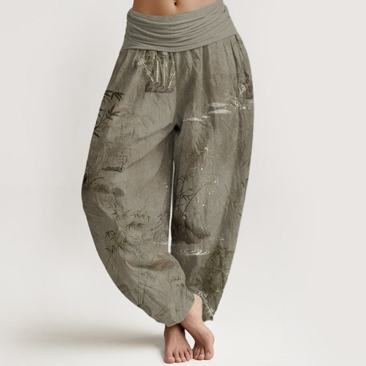 Pantalones harén con cintura elástica para mujer, informales, con pintura de tinta de roca de bambú y Buddha Stones - Broncearse - US22，UK/AU26，EU54 (6XL) - image 4