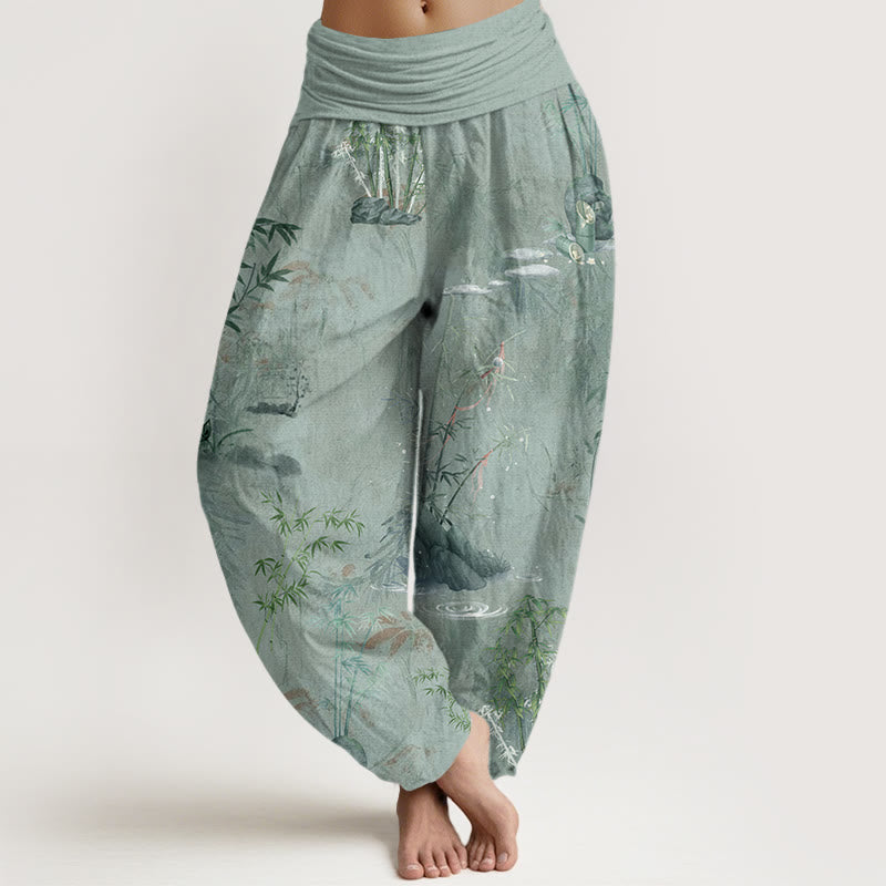 Pantalones harén con cintura elástica para mujer, informales, con pintura de tinta de roca de bambú y Buddha Stones - Verde mar oscuro - US22，UK/AU26，EU54 (6XL) - image 7