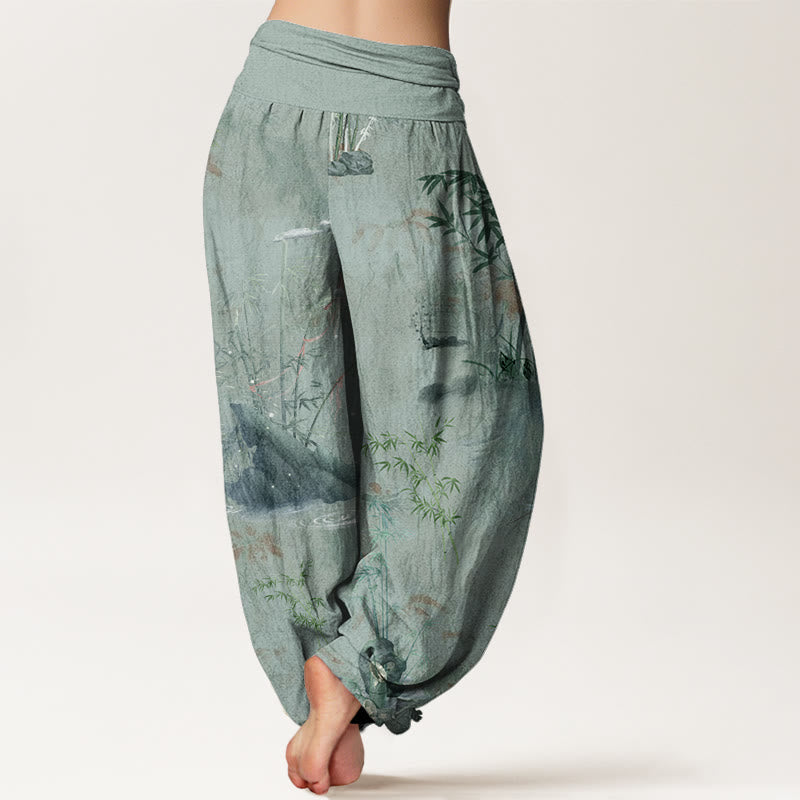 Pantalones harén con cintura elástica para mujer, informales, con pintura de tinta de roca de bambú y Buddha Stones - image 9