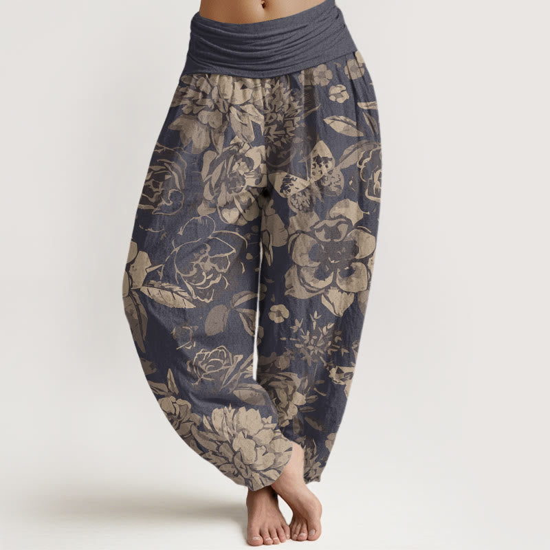 Pantalones harén con cintura elástica para mujer, informales, con diseño de flores de peonía y hojas de Buddha Stones - Gris oscuro - US22，UK/AU26，EU54 (6XL) - image 1