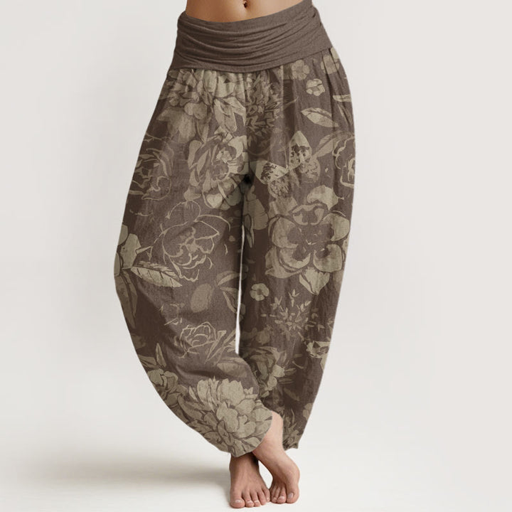 Pantalones harén con cintura elástica para mujer, informales, con diseño de flores de peonía y hojas de Buddha Stones - Broncearse - US22，UK/AU26，EU54 (6XL) - image 5