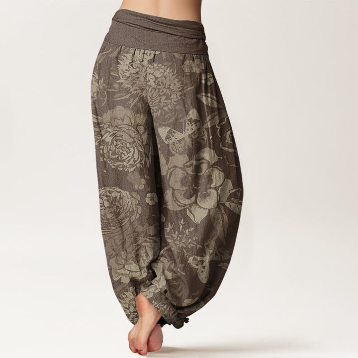 Pantalones harén con cintura elástica para mujer, informales, con diseño de flores de peonía y hojas de Buddha Stones - image 7