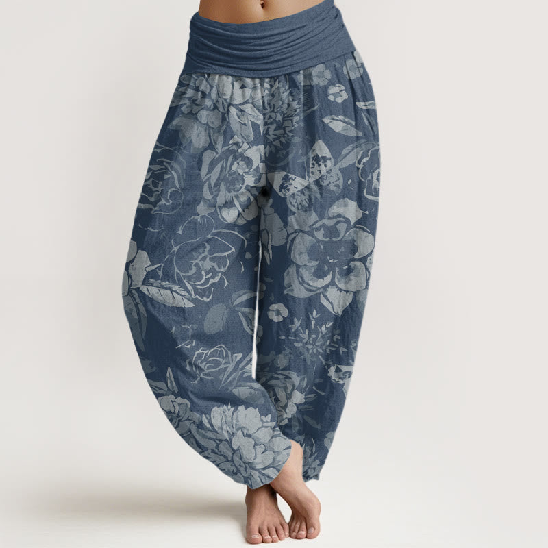 Pantalones harén con cintura elástica para mujer, informales, con diseño de flores de peonía y hojas de Buddha Stones - Celeste - US22，UK/AU26，EU54 (6XL) - image 8