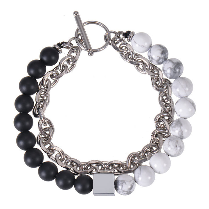 Pulsera de protección de doble envoltura de acero y titanio con magnetita negra y piedra esmerilada de ojo de tigre de colores de Buddha Stones