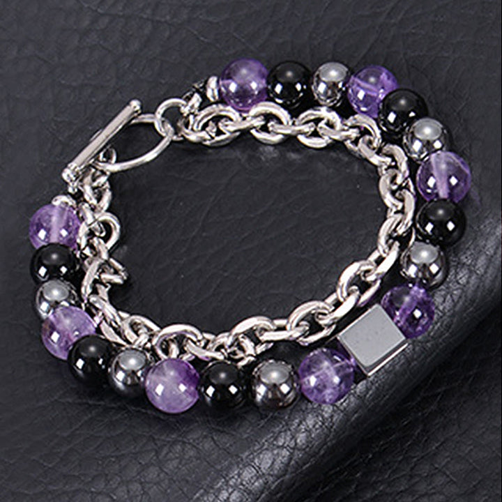 Pulsera de protección de doble envoltura de acero y titanio con magnetita negra y piedra esmerilada de ojo de tigre de colores de Buddha Stones