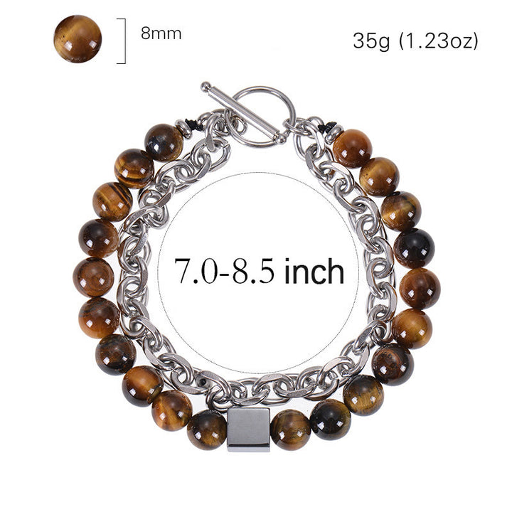 Pulsera de protección de doble envoltura de acero y titanio con magnetita negra y piedra esmerilada de ojo de tigre de colores de Buddha Stones