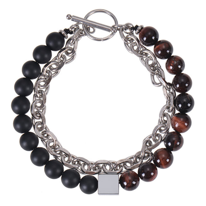 Pulsera de protección de doble envoltura de acero y titanio con magnetita negra y piedra esmerilada de ojo de tigre de colores de Buddha Stones