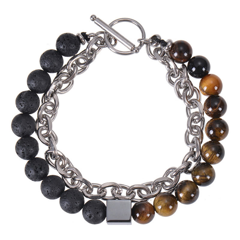 Pulsera de protección de doble envoltura de acero y titanio con magnetita negra y piedra esmerilada de ojo de tigre de colores de Buddha Stones