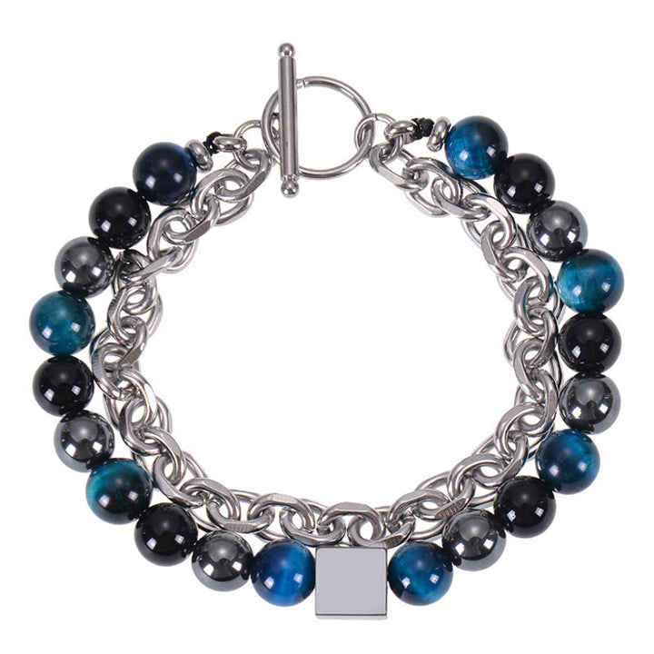 Pulsera de protección de doble envoltura de acero y titanio con magnetita negra y piedra esmerilada de ojo de tigre de colores de Buddha Stones