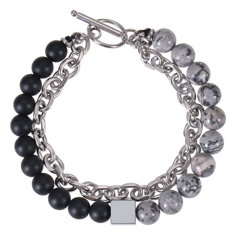Pulsera de protección de doble envoltura de acero y titanio con magnetita negra y piedra esmerilada de ojo de tigre de colores de Buddha Stones