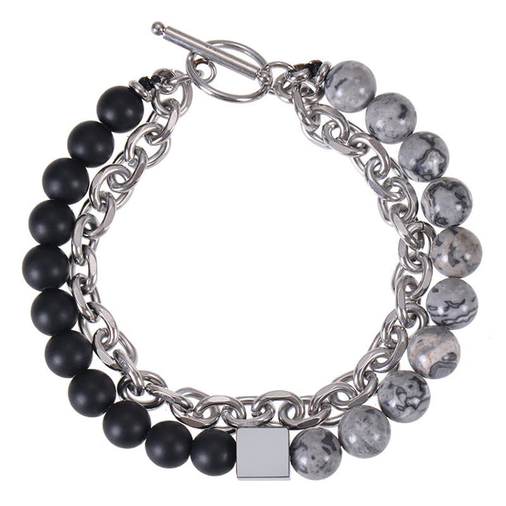 Pulsera de protección de doble envoltura de acero y titanio con magnetita negra y piedra esmerilada de ojo de tigre de colores de Buddha Stones