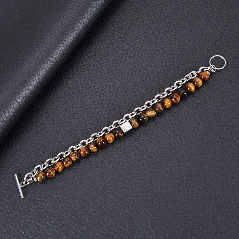 Pulsera de protección de doble envoltura de acero y titanio con magnetita negra y piedra esmerilada de ojo de tigre de colores de Buddha Stones