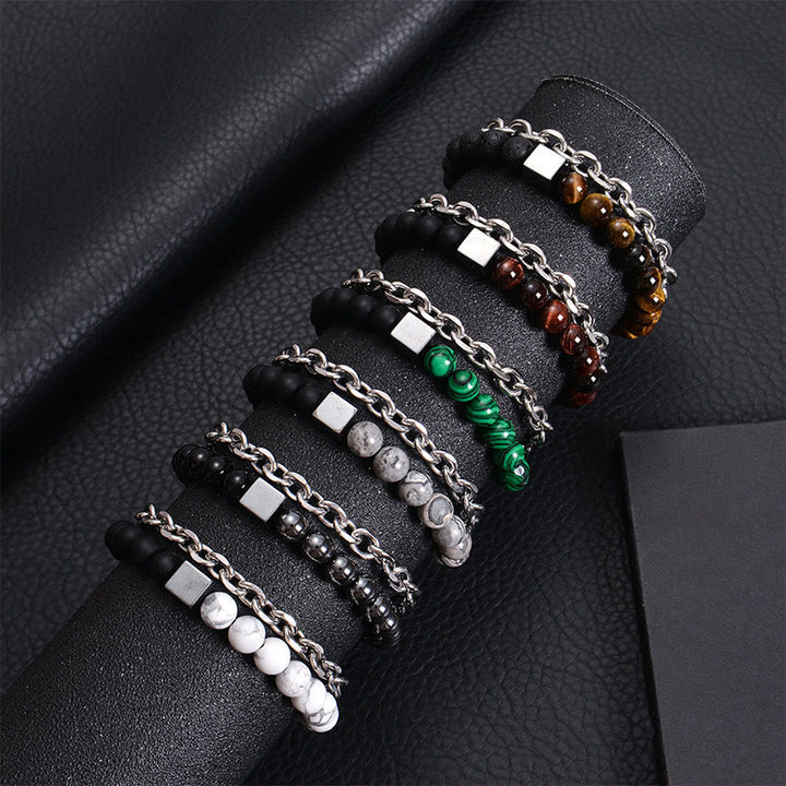 Pulsera de protección de doble envoltura de acero y titanio con magnetita negra y piedra esmerilada de ojo de tigre de colores de Buddha Stones