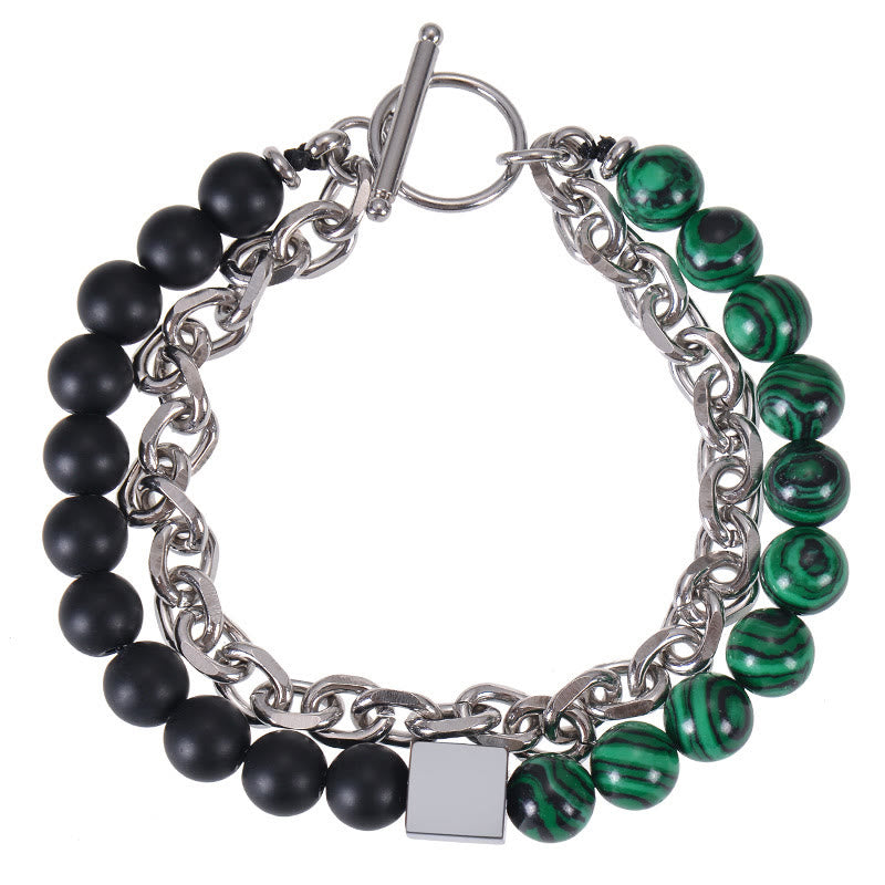 Pulsera de protección de doble envoltura de acero y titanio con magnetita negra y piedra esmerilada de ojo de tigre de colores de Buddha Stones