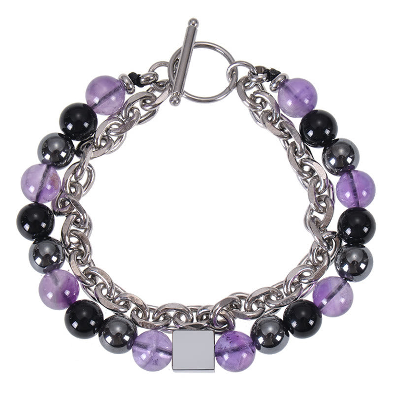 Pulsera de protección de doble envoltura de acero y titanio con magnetita negra y piedra esmerilada de ojo de tigre de colores de Buddha Stones
