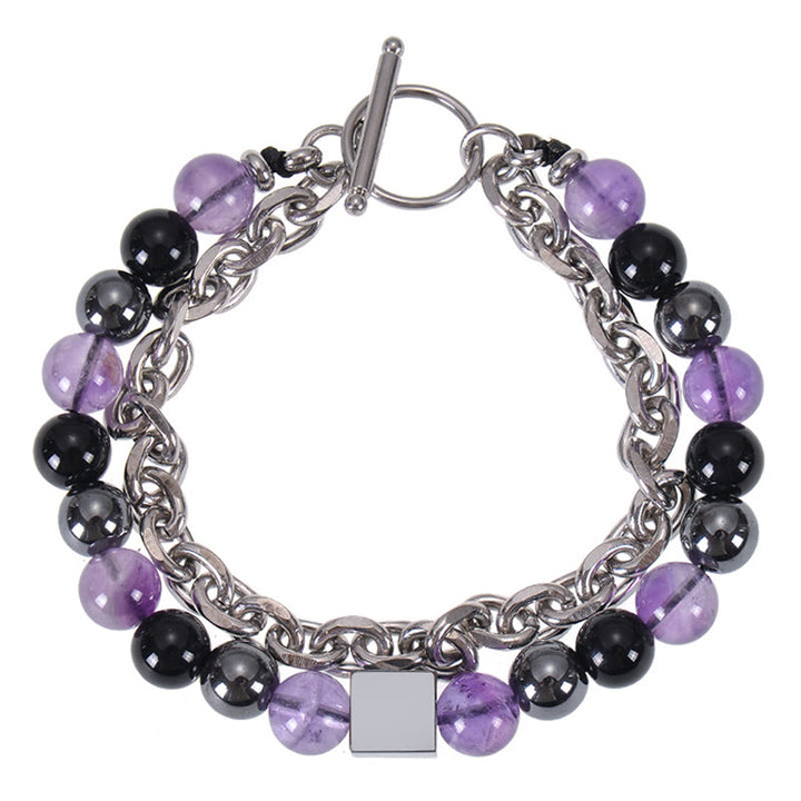 Pulsera de protección de doble envoltura de acero y titanio con magnetita negra y piedra esmerilada de ojo de tigre de colores de Buddha Stones