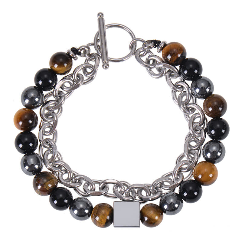 Pulsera de protección de doble envoltura de acero y titanio con magnetita negra y piedra esmerilada de ojo de tigre de colores de Buddha Stones