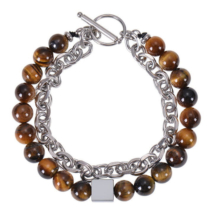 Pulsera de protección de doble envoltura de acero y titanio con magnetita negra y piedra esmerilada de ojo de tigre de colores de Buddha Stones