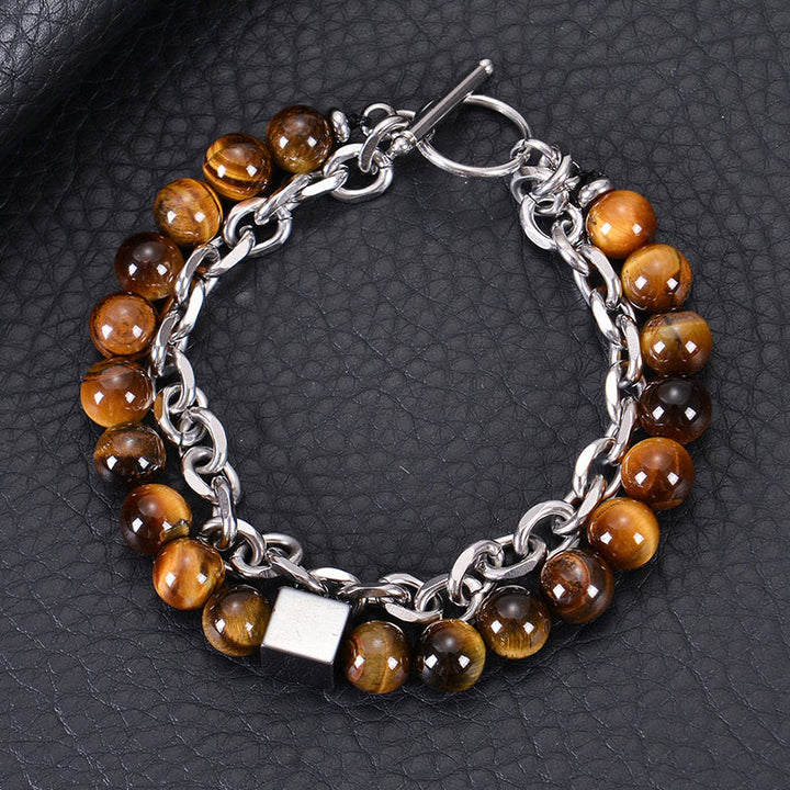 Pulsera de protección de doble envoltura de acero y titanio con magnetita negra y piedra esmerilada de ojo de tigre de colores de Buddha Stones
