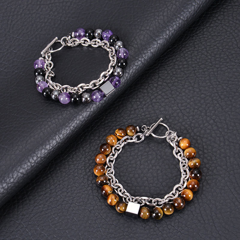 Pulsera de protección de doble envoltura de acero y titanio con magnetita negra y piedra esmerilada de ojo de tigre de colores de Buddha Stones