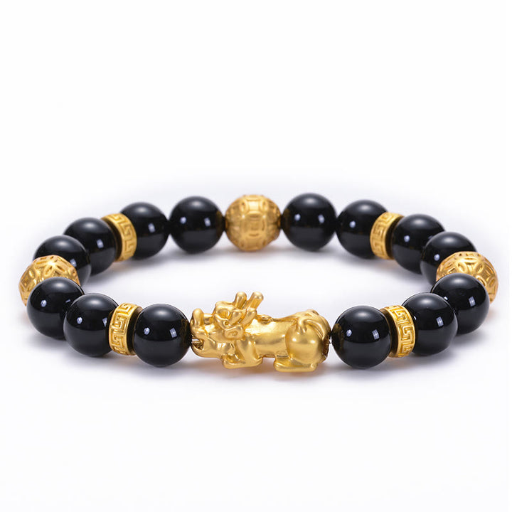 Pulsera de fuerza PiXiu Om Mani Padme Hum con Buddha Stones, obsidiana negra, aleación de ónix negro