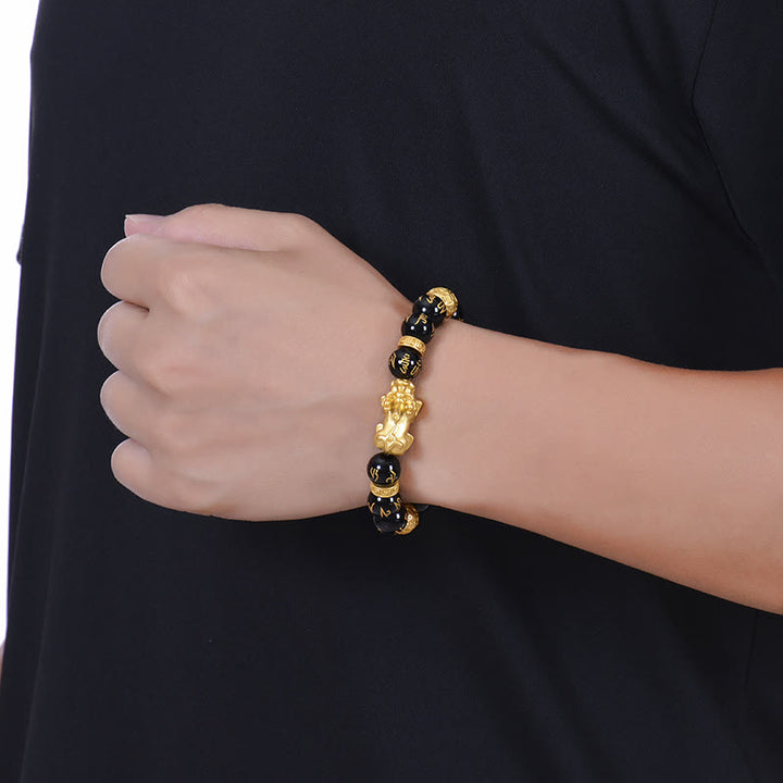 Pulsera de fuerza PiXiu Om Mani Padme Hum con Buddha Stones, obsidiana negra, aleación de ónix negro