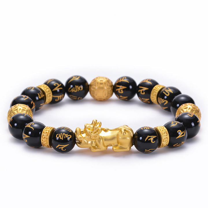 Pulsera de fuerza PiXiu Om Mani Padme Hum con Buddha Stones, obsidiana negra, aleación de ónix negro