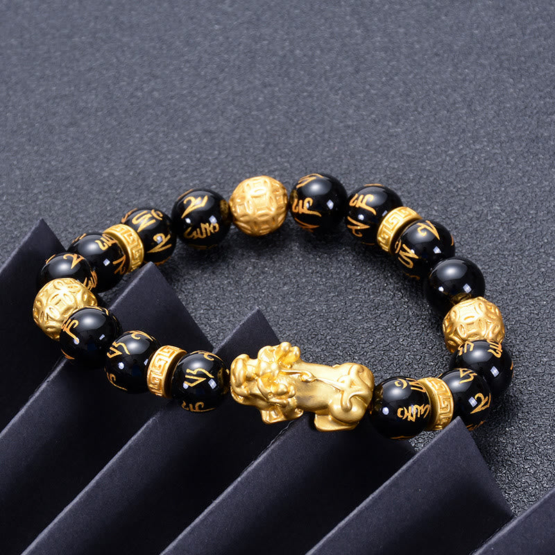 Pulsera de fuerza PiXiu Om Mani Padme Hum con Buddha Stones, obsidiana negra, aleación de ónix negro