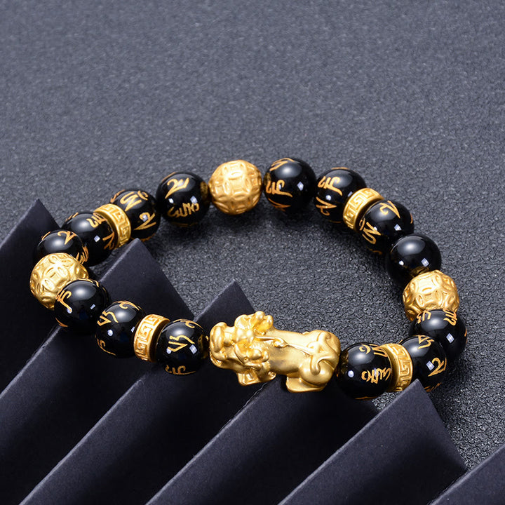 Pulsera de fuerza PiXiu Om Mani Padme Hum con Buddha Stones, obsidiana negra, aleación de ónix negro