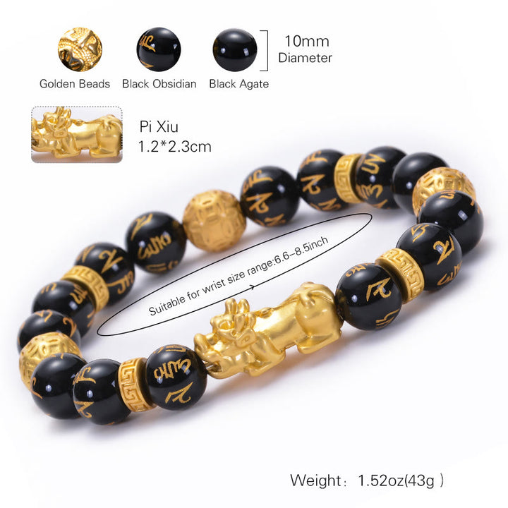 Pulsera de fuerza PiXiu Om Mani Padme Hum con Buddha Stones, obsidiana negra, aleación de ónix negro