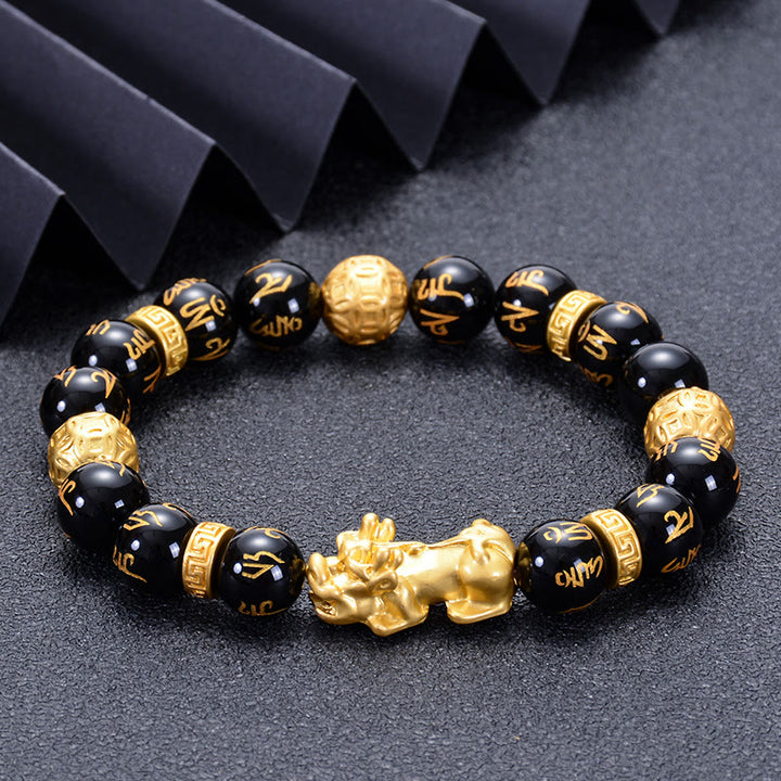 Pulsera de fuerza PiXiu Om Mani Padme Hum con Buddha Stones, obsidiana negra, aleación de ónix negro