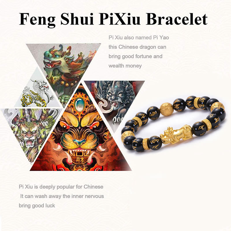 Pulsera de fuerza PiXiu Om Mani Padme Hum con Buddha Stones, obsidiana negra, aleación de ónix negro
