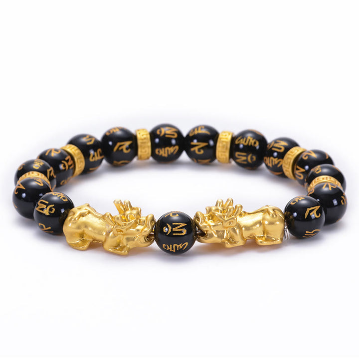 Pulsera de fuerza Om Mani Padme Hum con dos PiXiu de aleación dorada y Buddha Stones, obsidiana negra y ónix negro