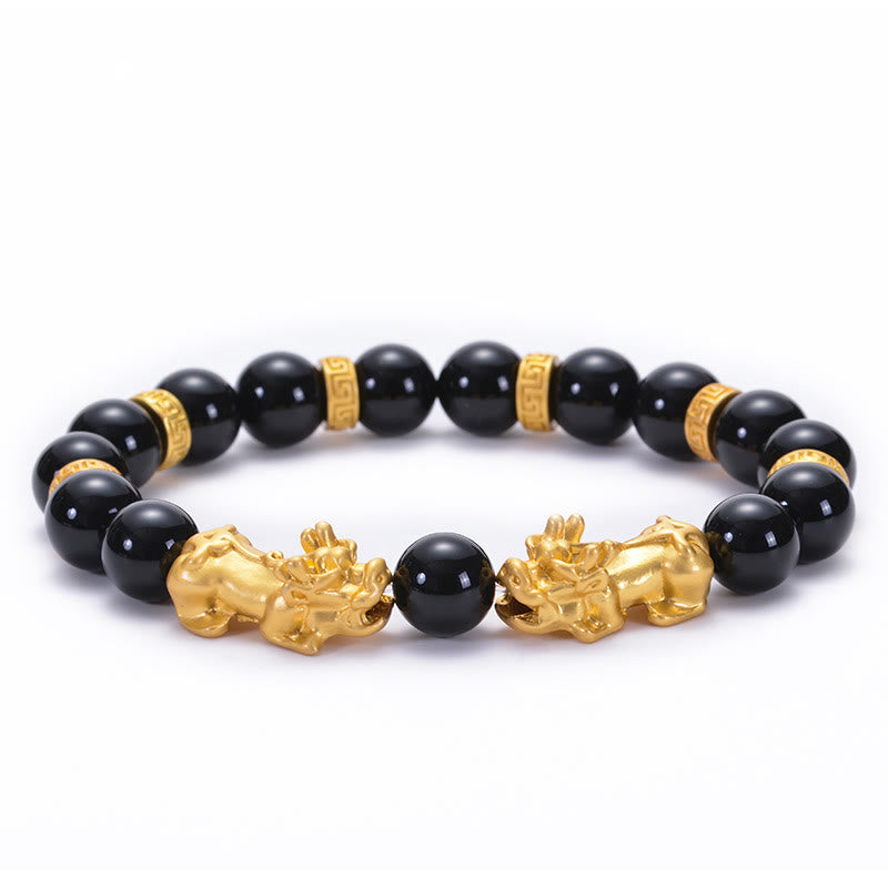 Pulsera de fuerza Om Mani Padme Hum con dos PiXiu de aleación dorada y Buddha Stones, obsidiana negra y ónix negro