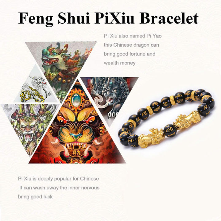 Pulsera de fuerza Om Mani Padme Hum con dos PiXiu de aleación dorada y Buddha Stones, obsidiana negra y ónix negro