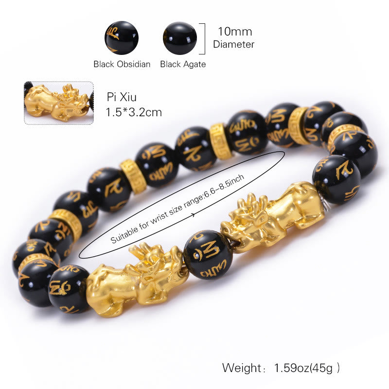 Pulsera de fuerza Om Mani Padme Hum con dos PiXiu de aleación dorada y Buddha Stones, obsidiana negra y ónix negro
