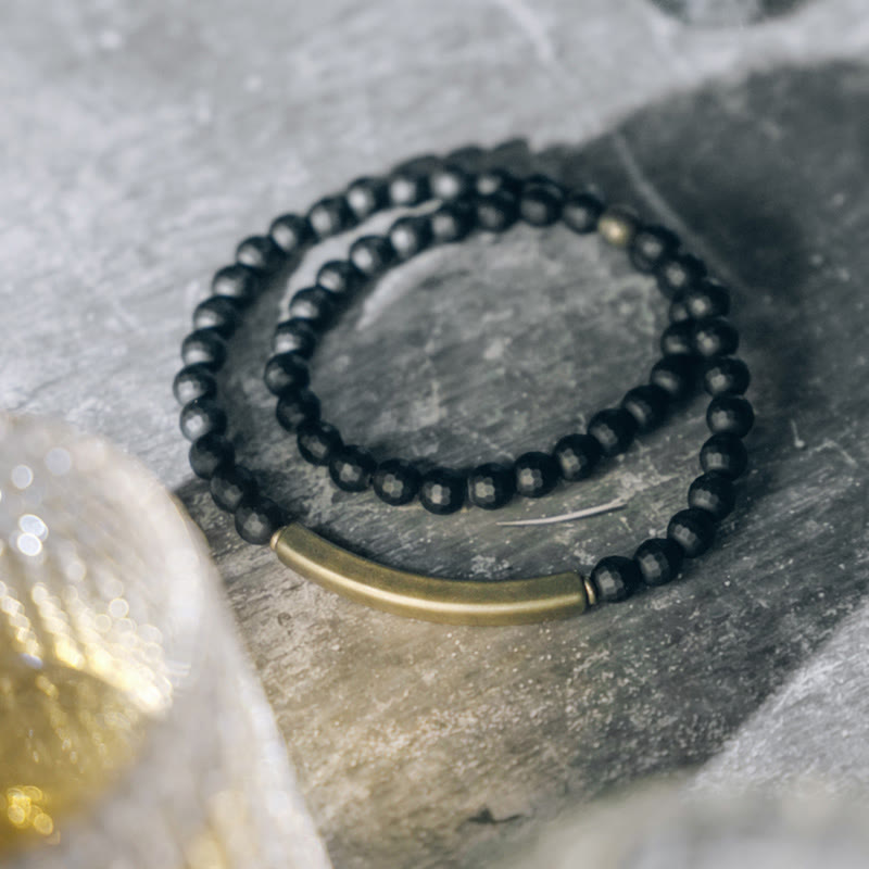 Pulsera protectora de doble vuelta con Buddha Stones, superficie cortada esmerilada, ónix negro, cobre y latón