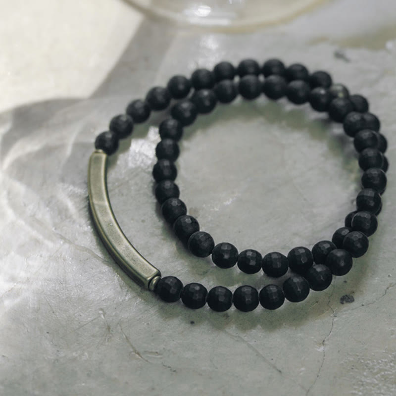 Pulsera protectora de doble vuelta con Buddha Stones, superficie cortada esmerilada, ónix negro, cobre y latón