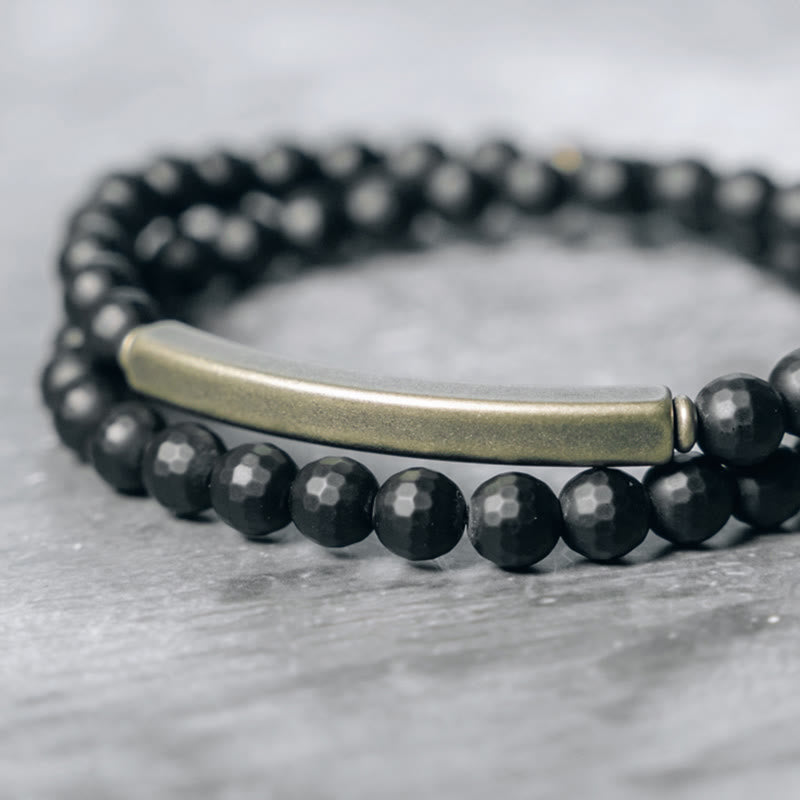 Pulsera protectora de doble vuelta con Buddha Stones, superficie cortada esmerilada, ónix negro, cobre y latón