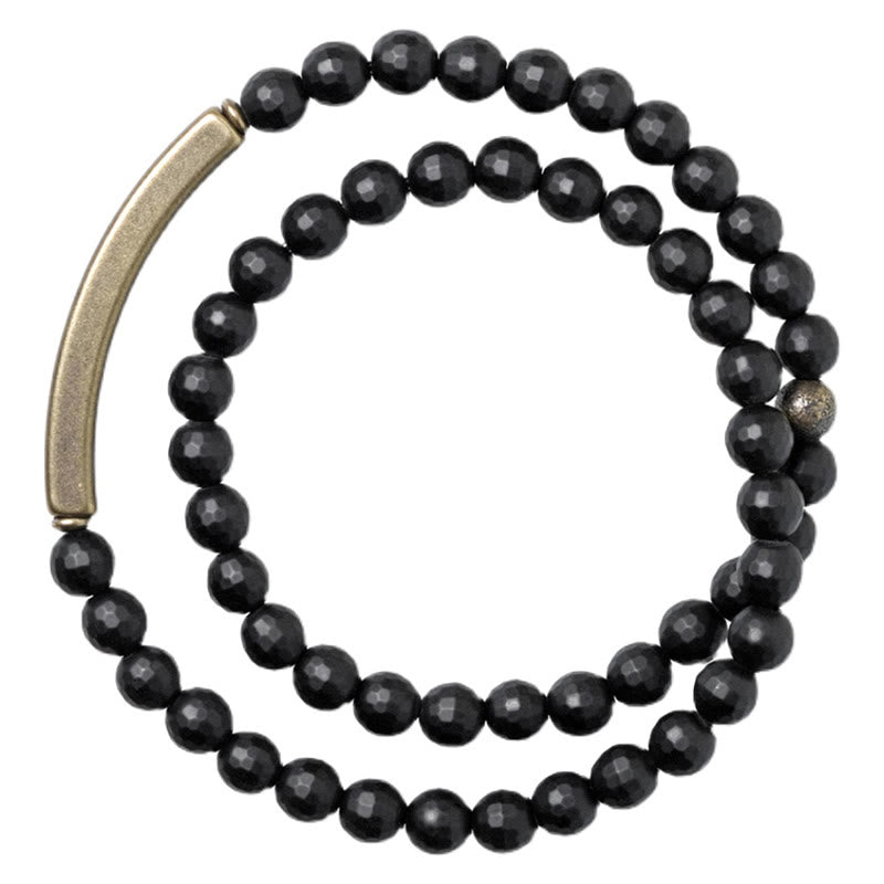 Pulsera protectora de doble vuelta con Buddha Stones, superficie cortada esmerilada, ónix negro, cobre y latón