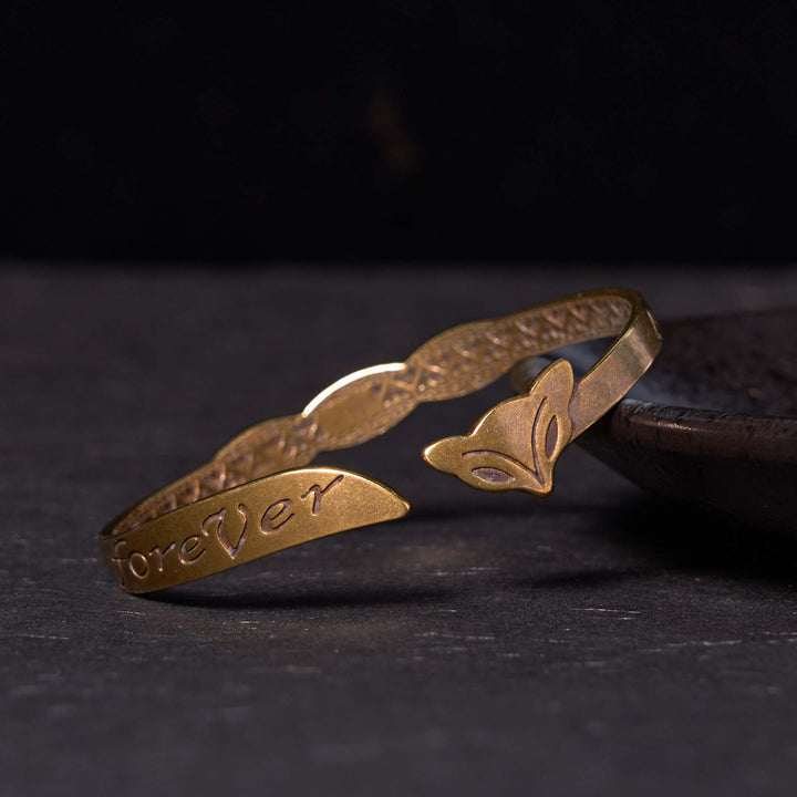Pulsera de cobre y latón con cabeza de zorro y Buddha Stones que dice "Te amo por siempre" y que te hace sentir bien