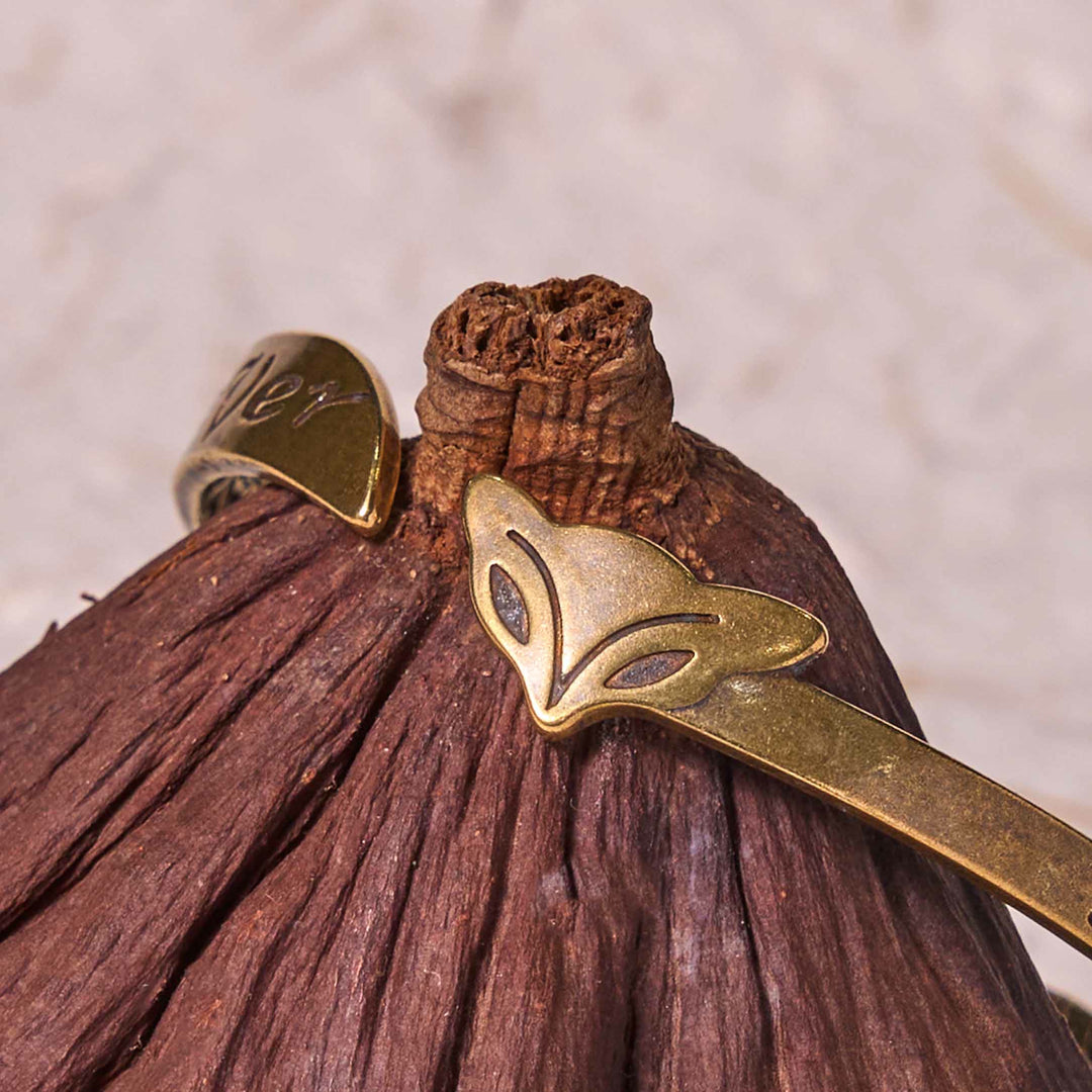 Pulsera de cobre y latón con cabeza de zorro y Buddha Stones que dice "Te amo por siempre" y que te hace sentir bien