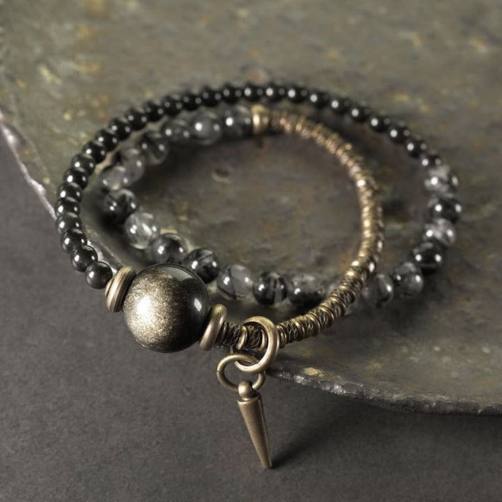 Pulsera protectora de doble vuelta con Buddha Stones, obsidiana negra con brillo dorado, cuarzo rutilado, cobre y latón