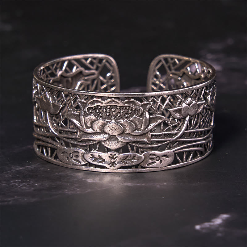 Pulsera de cobre bañada en plata con Buddha Stones, loto hueco, curación e iluminación
