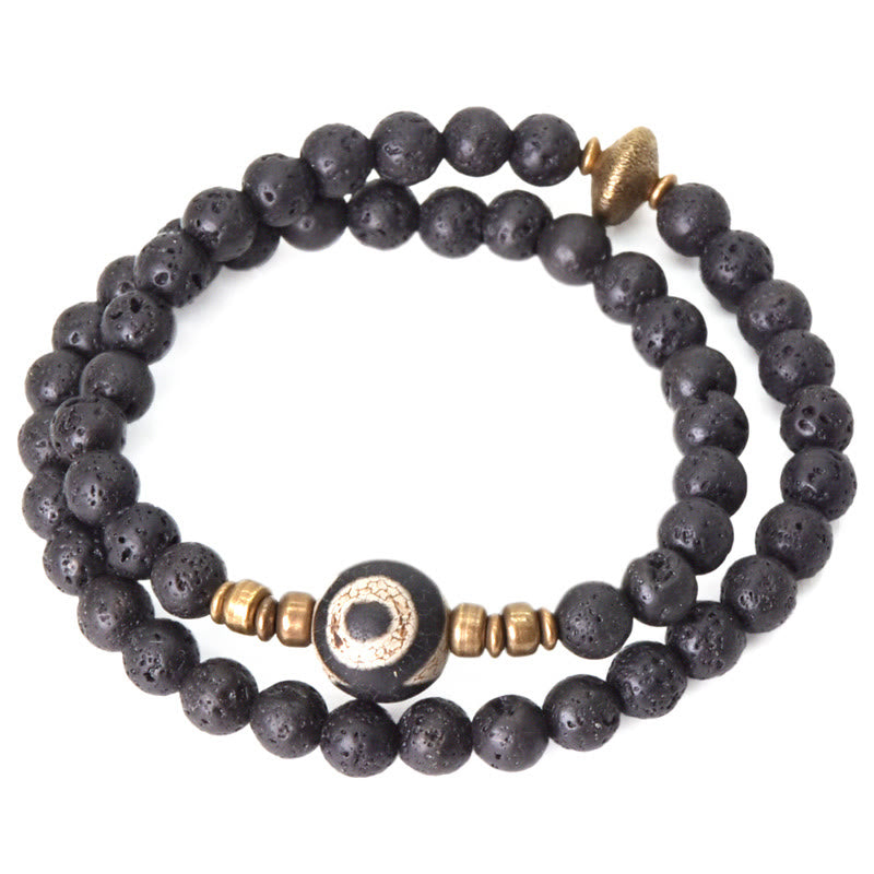 Pulsera curativa de doble vuelta con cuentas de latón y cobre de tres ojos de piedra de lava vintage de Buddha Stones