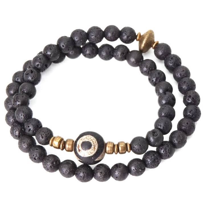 Pulsera curativa de doble vuelta con cuentas de latón y cobre de tres ojos de piedra de lava vintage de Buddha Stones