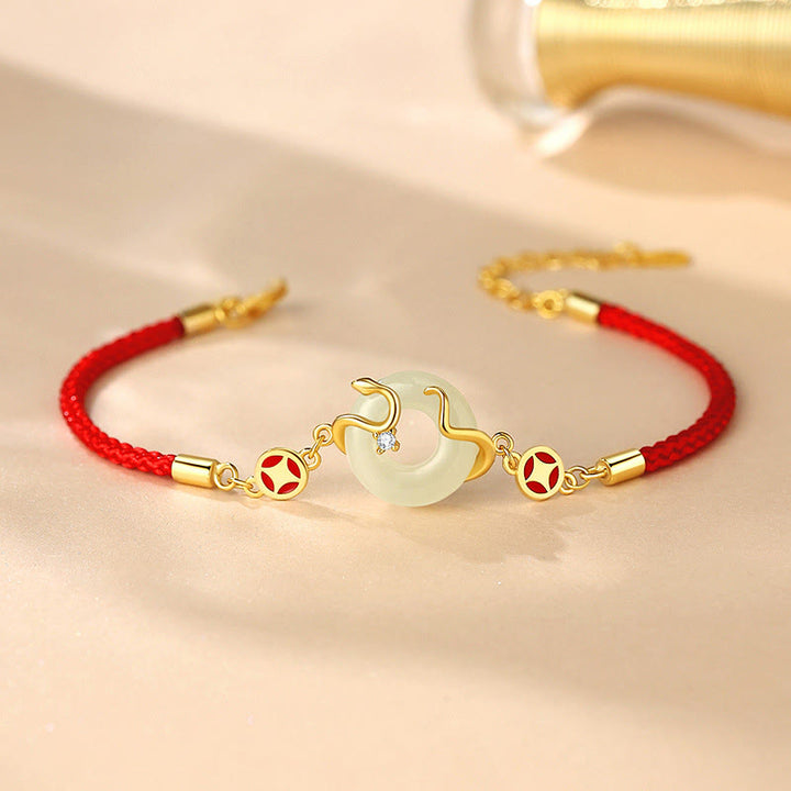 Pulsera de plata de ley 925 con hebilla de la paz, calcedonia, jade hetiano, piedras de Buddha Stones y hilo rojo del año de la serpiente