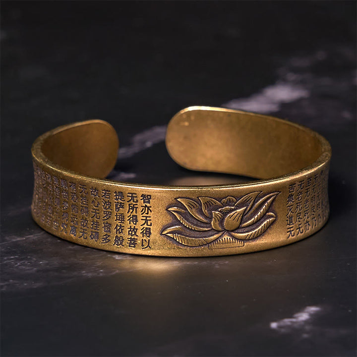 Brazalete de la paz de cobre y latón con sutra del corazón y flores de loto con Buddha Stones