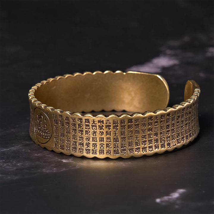 Brazalete de cobre y latón con diseño de flor de loto, paz, iluminación y sutra del corazón de Buddha Stones