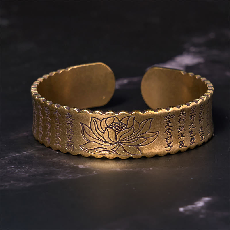 Brazalete de cobre y latón con diseño de flor de loto, paz, iluminación y sutra del corazón de Buddha Stones